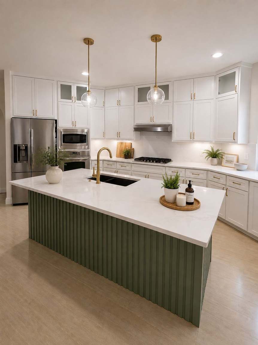 Kitchen island with a stone-look surface