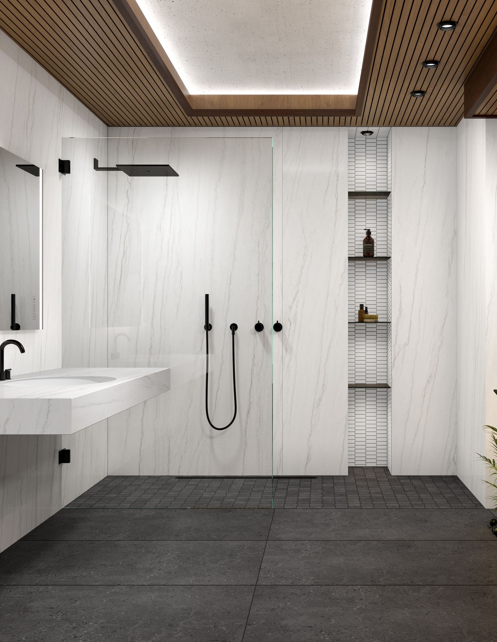 Walk-in shower with large-format white stone-look porcelain walls and a recessed niche