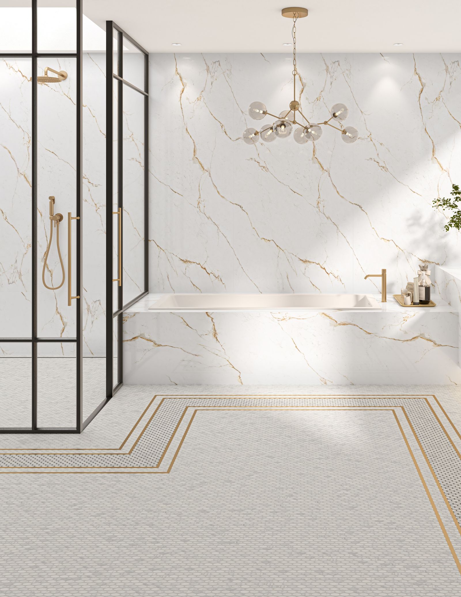 Bathroom with large-format white marble-look porcelain walls and a built-in tub